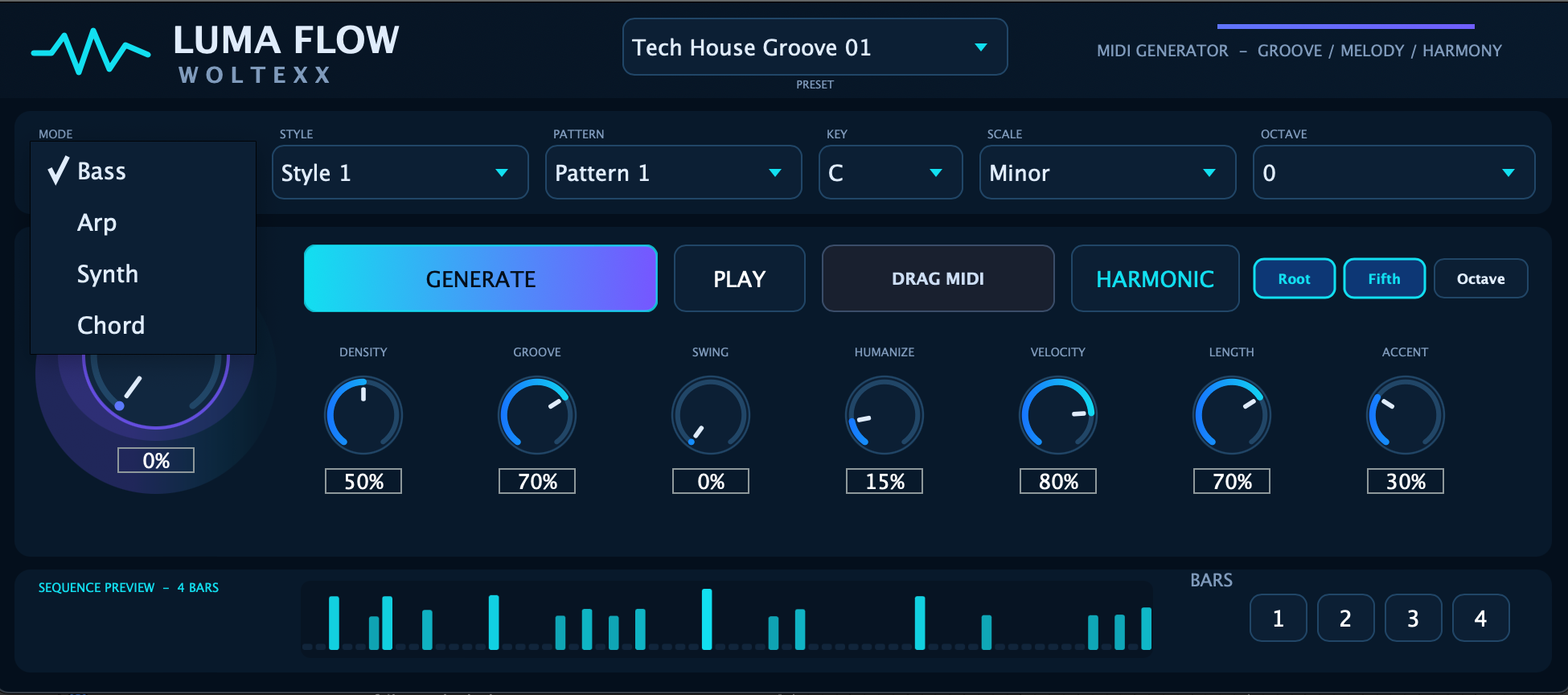 Real LUMA FLOW interface with the Mode menu open, showing Bass, Arp, Synth, and Chord